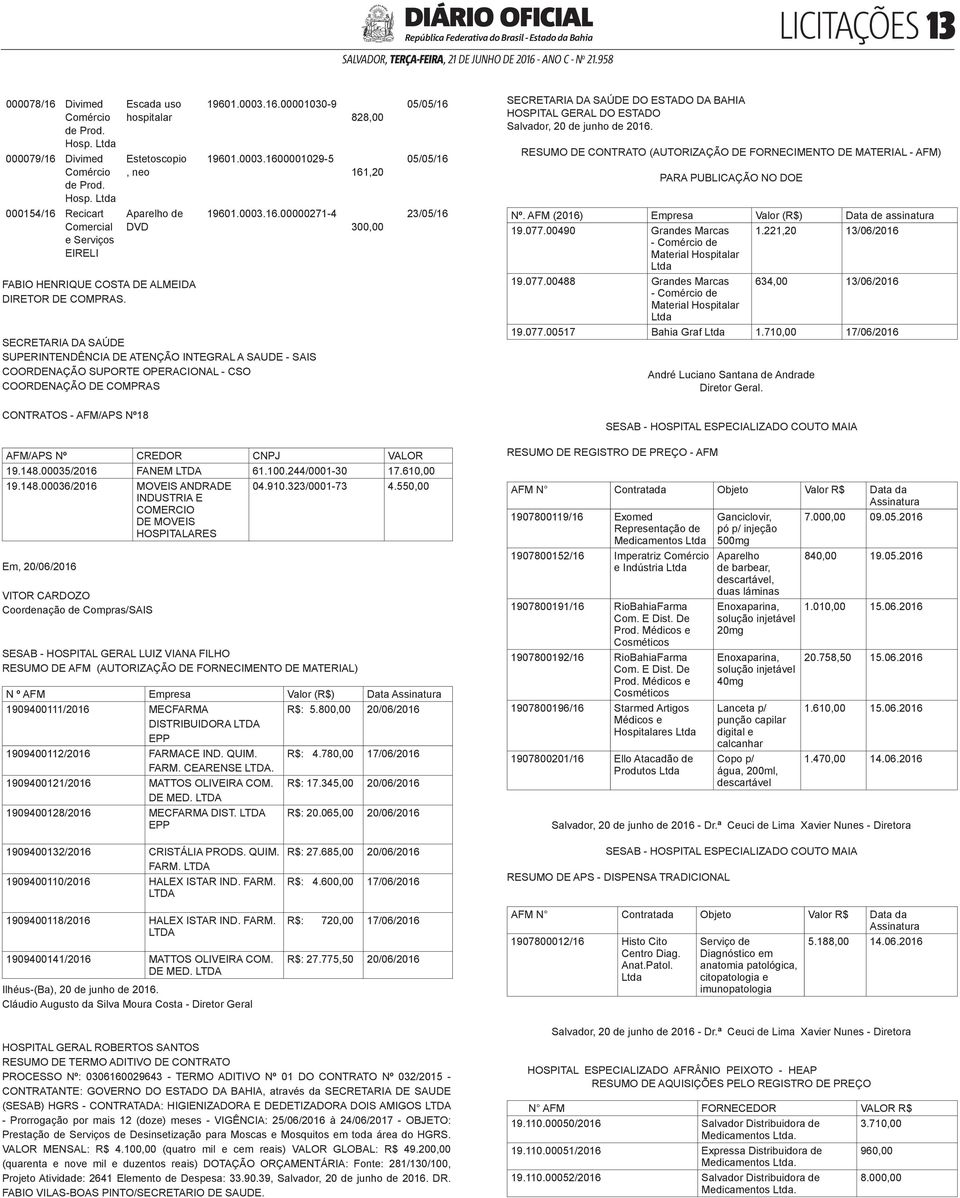 RESUMO DE CONTRATO (AUTORIZAÇÃO DE FORNECIMENTO DE MATERIAL - AFM) PARA PUBLICAÇÃO NO DOE 000154/16 Recicart Comercial e Serviços EIRELI Aparelho de DVD 19601.0003.16.00000271-4 300,00 23/05/16 Nº.