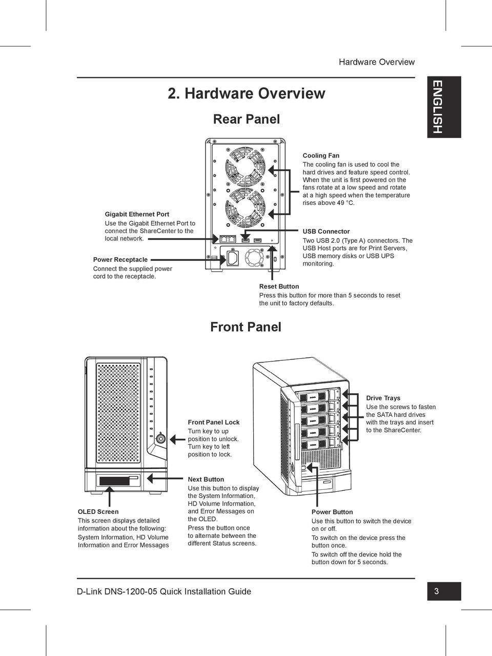 When the unit is first powered on the fans rotate at a low speed and rotate at a high speed when the temperature rises above 49 C. USB Connector Two USB 2.0 (Type A) connectors.