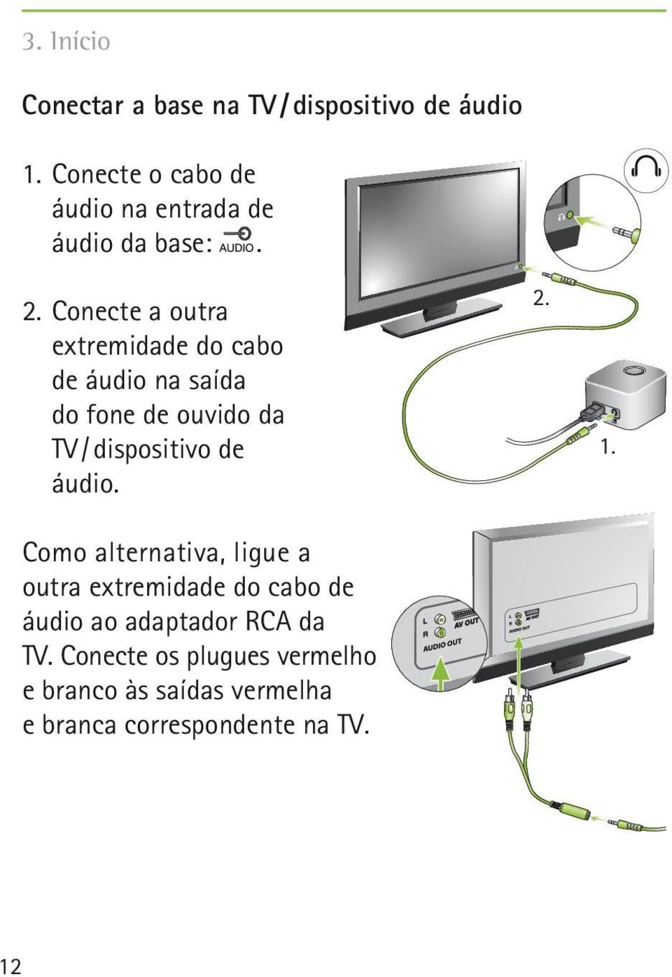 Conecte a outra extremidade do cabo de áudio na saída do fone de ouvido da TV / dispositivo de