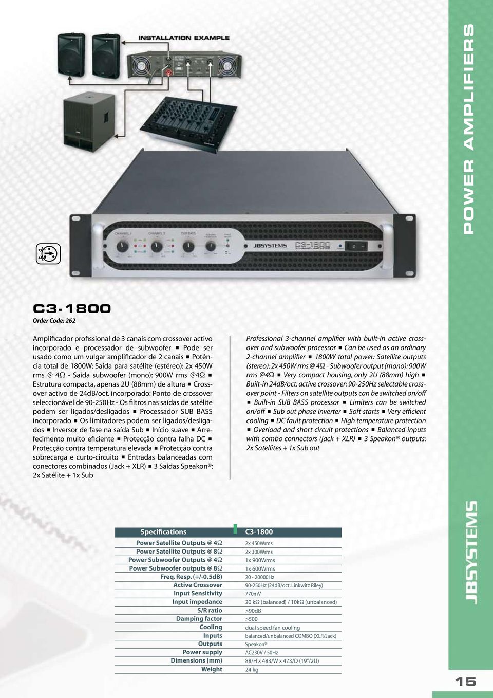 incorporado: Ponto de crossover seleccionável de 90-250Hz - Os filtros nas saídas de satélite podem ser ligados/desligados < Processador SUB BASS incorporado < Os limitadores podem ser