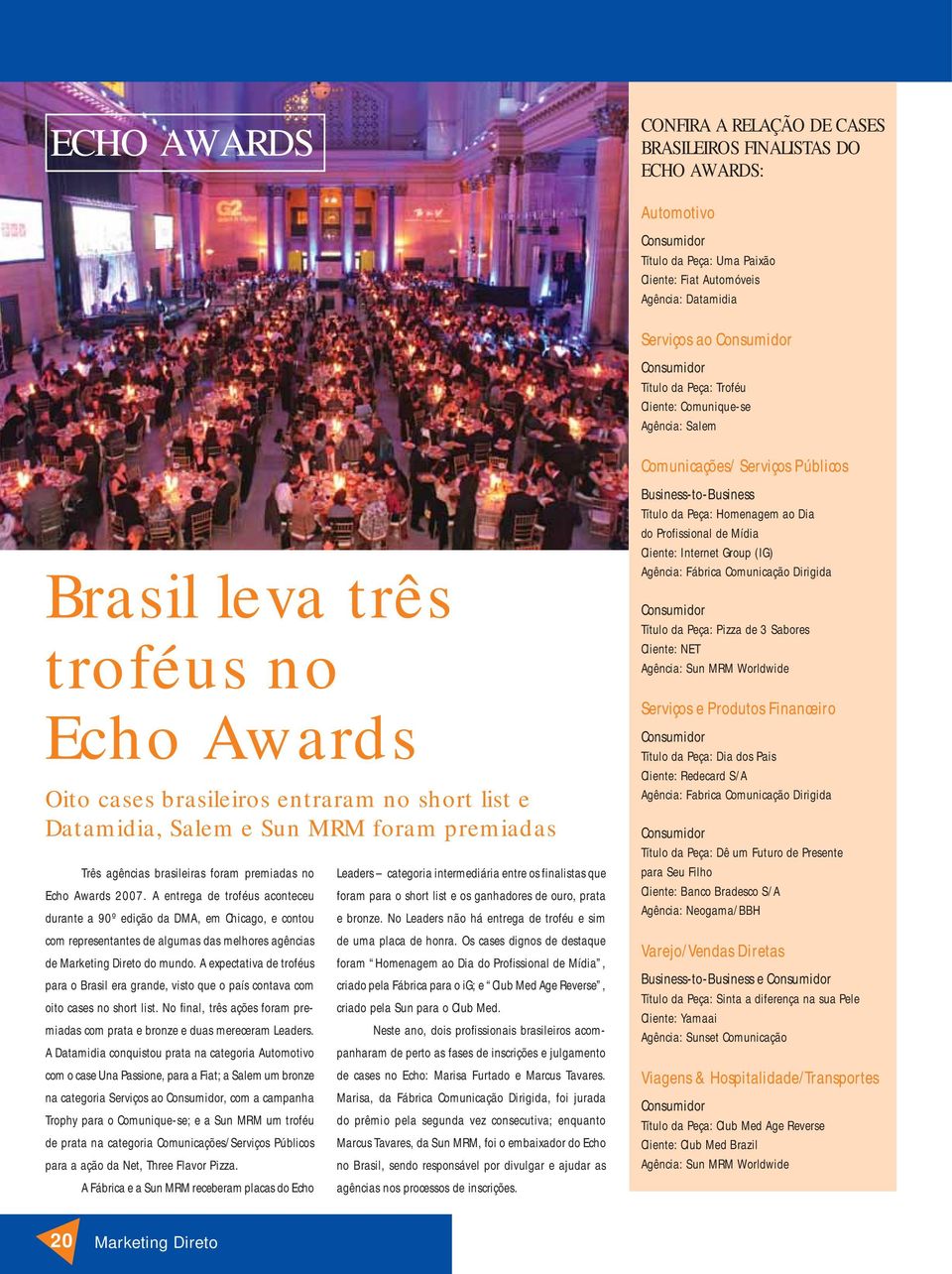 premiadas Três agências brasileiras foram premiadas no Echo Awards 2007.