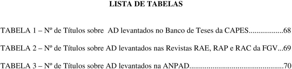 ..68 TABELA 2 Nº de Títulos sobre AD levantados nas