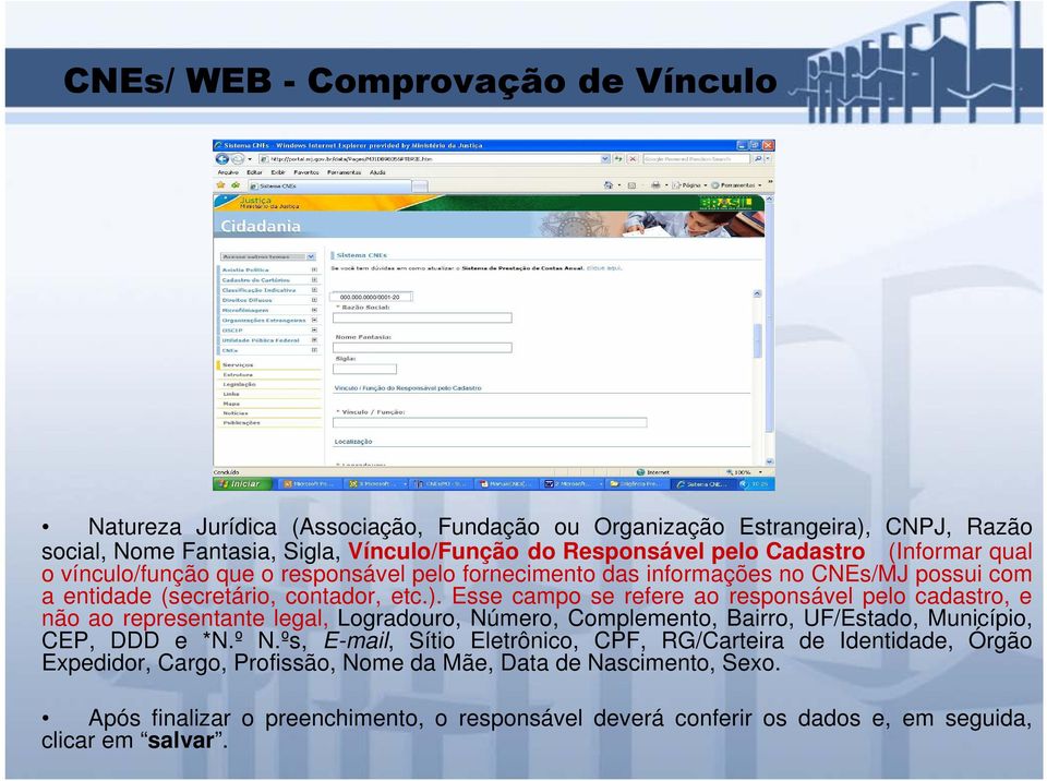 vínculo/função que o responsável pelo fornecimento das informações no CNEs/MJ possui com a entidade (secretário, contador, etc.).