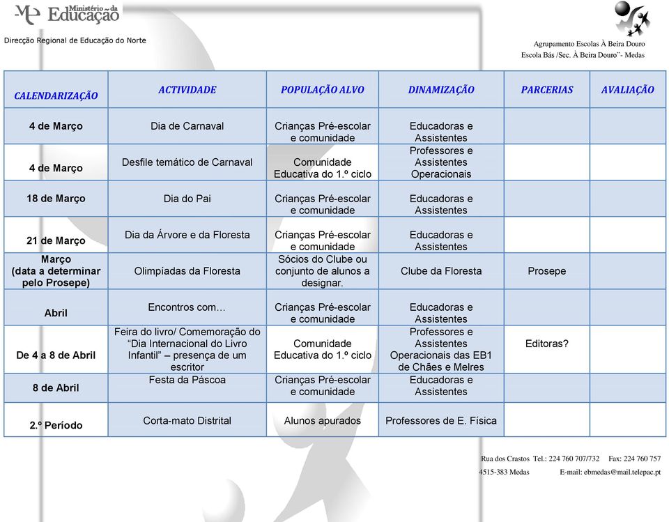 Pré-escolar e comunidade Sócios do Clube ou conjunto de alunos a designar.