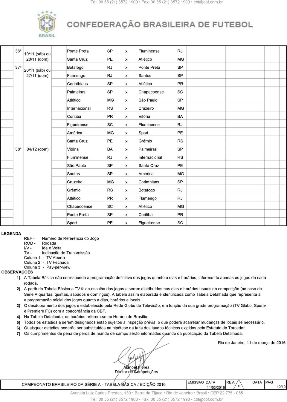 27/11 Dom Coritiba PR x Vitória BA 368 37ª 27/11 Dom Figueirense SC x Fluminense RJ 369 37ª 27/11 Dom América MG x Sport PE 370 37ª 27/11 Dom Santa Cruz PE x Grêmio RS 371 38ª 04/12 (dom) Vitória BA