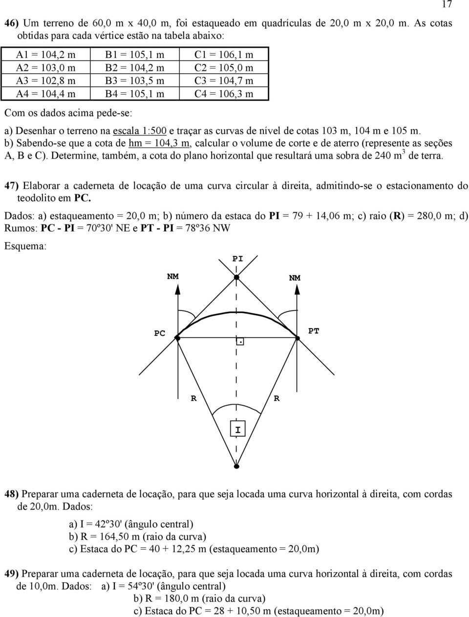 m C4 = 106,3 m Com os dados acima pede-se: a) Desenhar o terreno na escala 1:500 e traçar as curvas de nível de cotas 103 m, 104 m e 105 m.