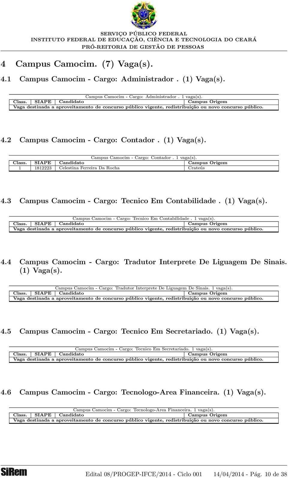 (1) Vaga(s). Campus Camocim - Cargo: Tradutor Interprete De Liguagem De Sinais. 1 vaga(s). 4.5 Campus Camocim - Cargo: Tecnico Em Secretariado. (1) Vaga(s).