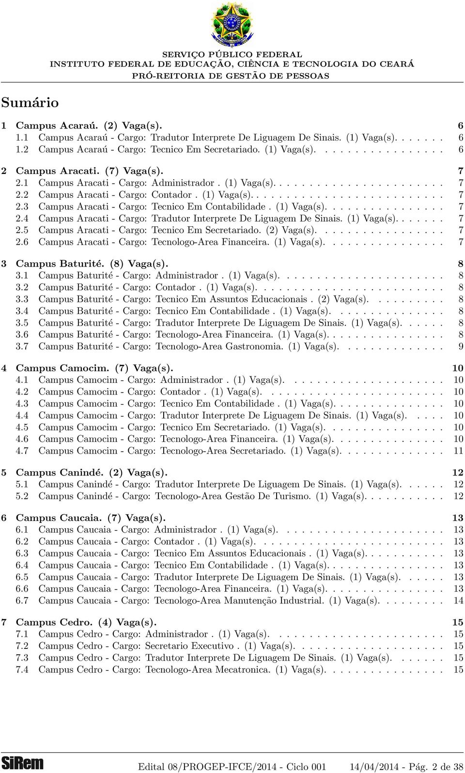 (1) Vaga(s)................ 7 2.4 Campus Aracati - Cargo: Tradutor Interprete De Liguagem De Sinais. (1) Vaga(s)....... 7 2.5 Campus Aracati - Cargo: Tecnico Em Secretariado. (2) Vaga(s)................. 7 2.6 Campus Aracati - Cargo: Tecnologo-Area Financeira.