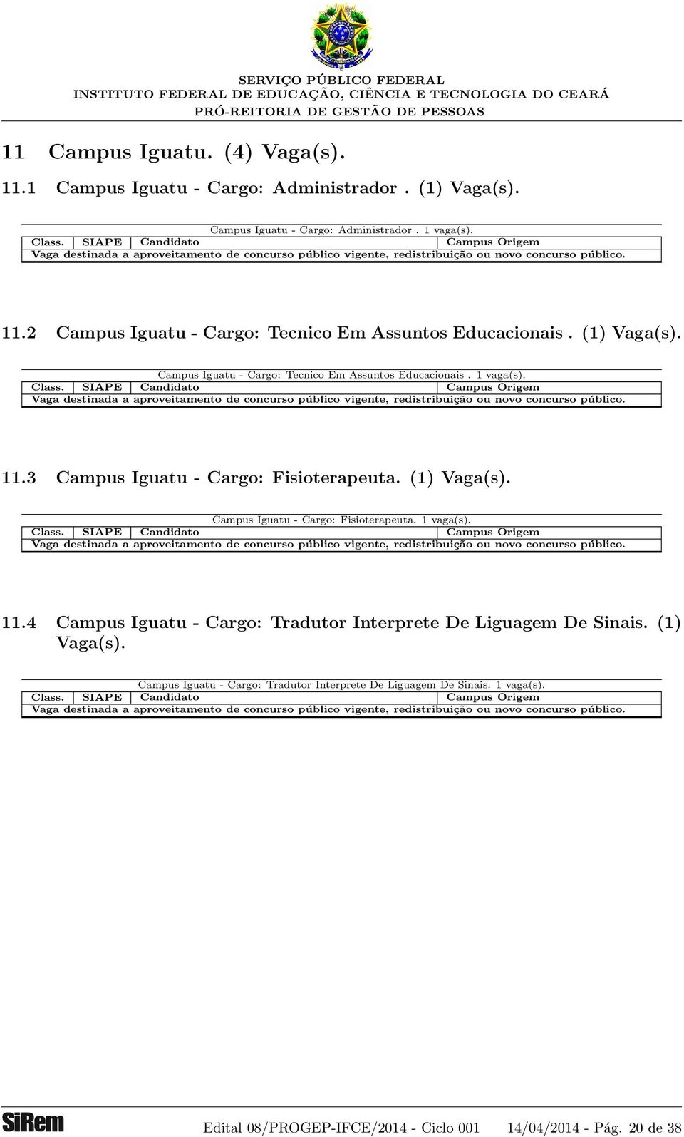 Campus Iguatu - Cargo: Fisioterapeuta. 1 vaga(s). 11.4 Campus Iguatu - Cargo: Tradutor Interprete De Liguagem De Sinais. (1) Vaga(s).