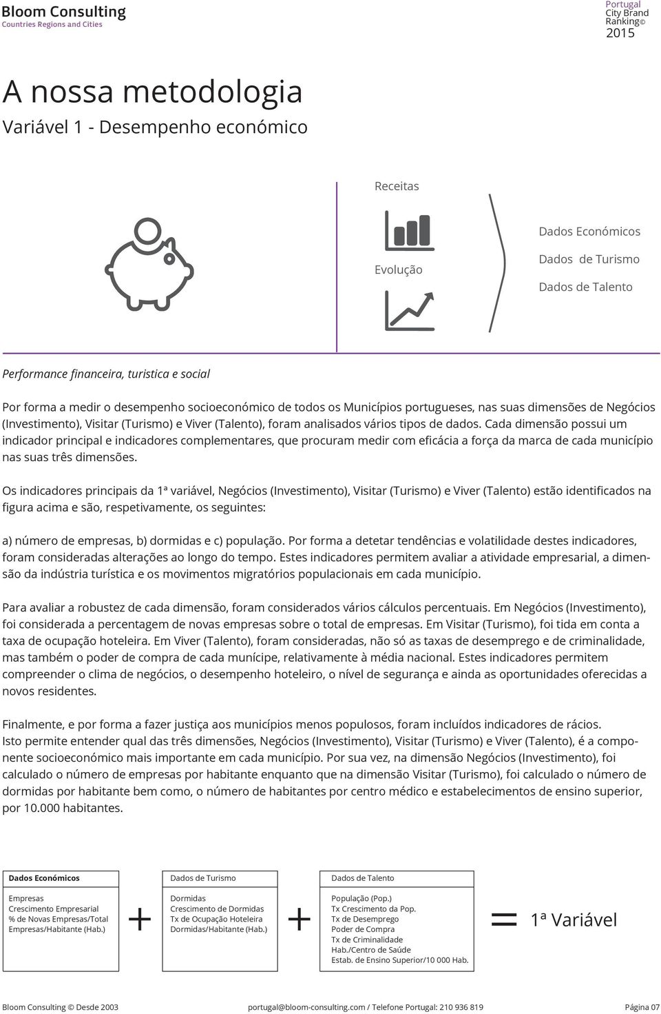 Cada dimensão possui um indicador principal e indicadores complementares, que procuram medir com eficácia a força da marca de cada município nas suas três dimensões.