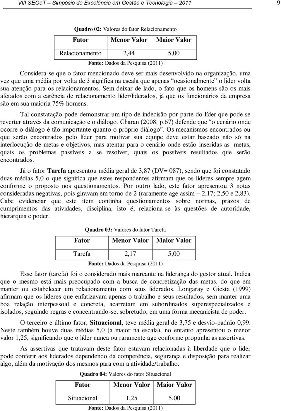 relacionamentos. Sem deixar de lado, o fato que os homens são os mais afetados com a carência de relacionamento líder/liderados, já que os funcionários da empresa são em sua maioria 75% homens.