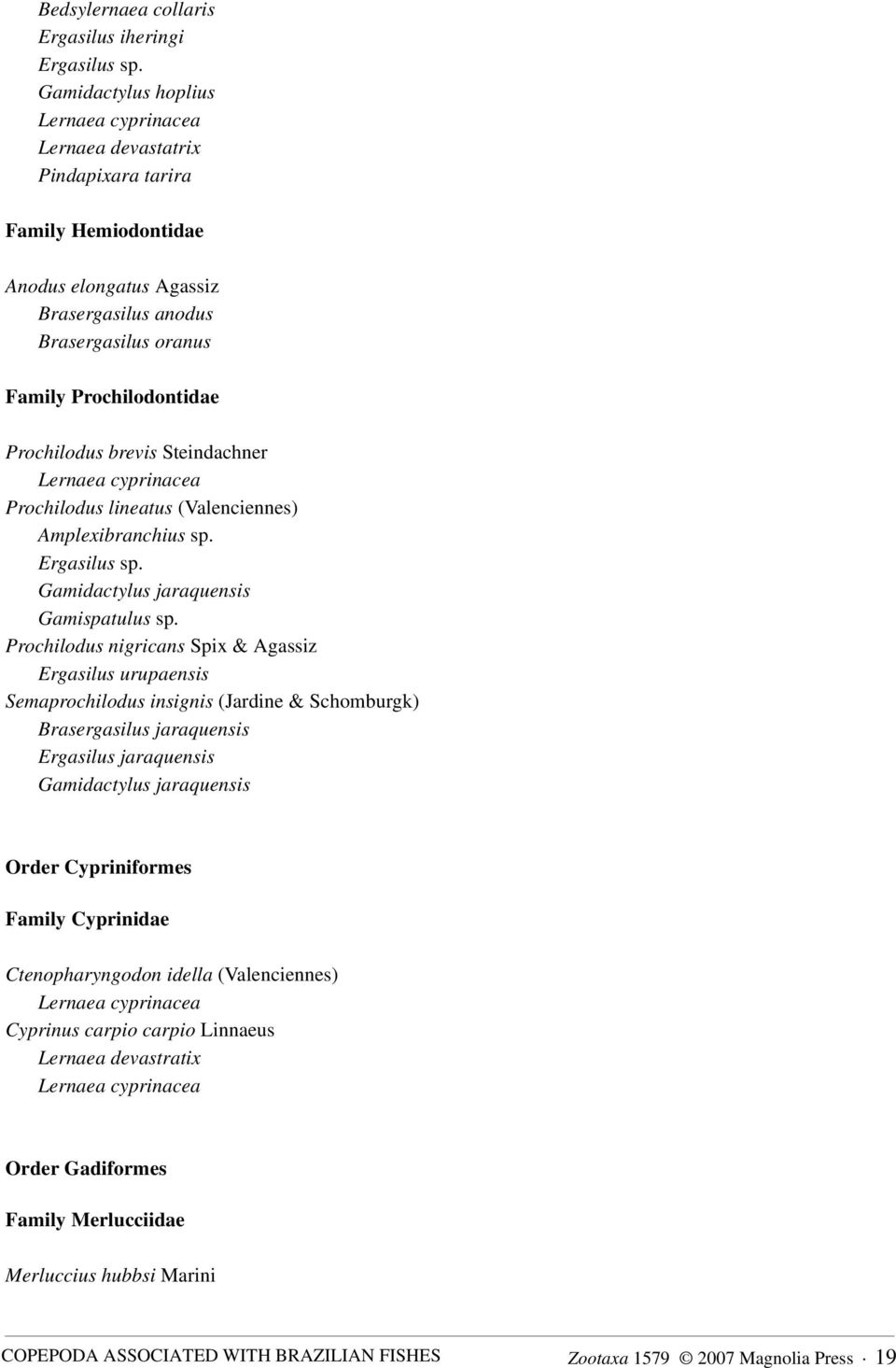 Prochilodus nigricans Spix & Agassiz Ergasilus urupaensis Semaprochilodus insignis (Jardine & Schomburgk) Brasergasilus jaraquensis Ergasilus jaraquensis Gamidactylus jaraquensis Order Cypriniformes