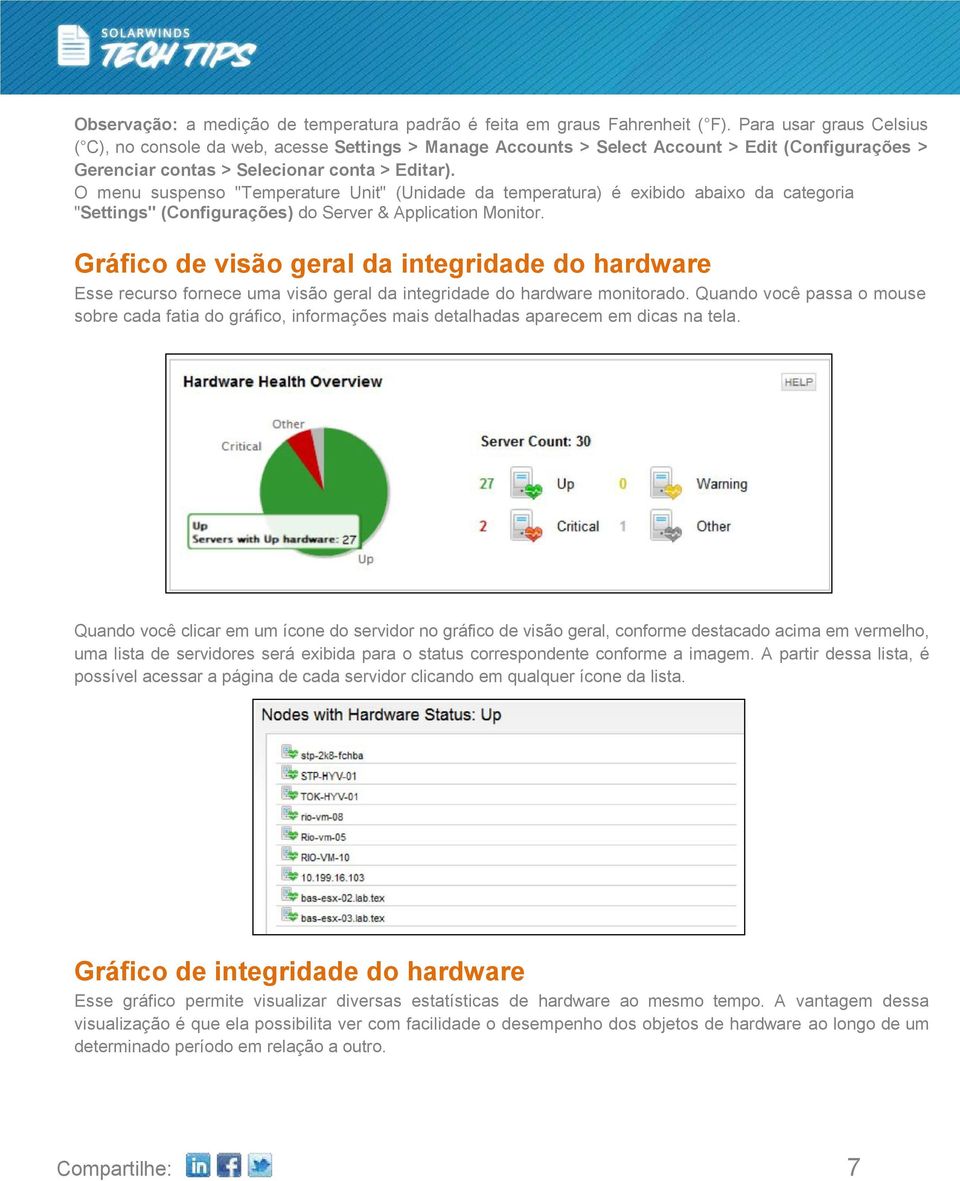 O menu suspenso "Temperature Unit" (Unidade da temperatura) é exibido abaixo da categoria "Settings" (Configurações) do Server & Application Monitor.