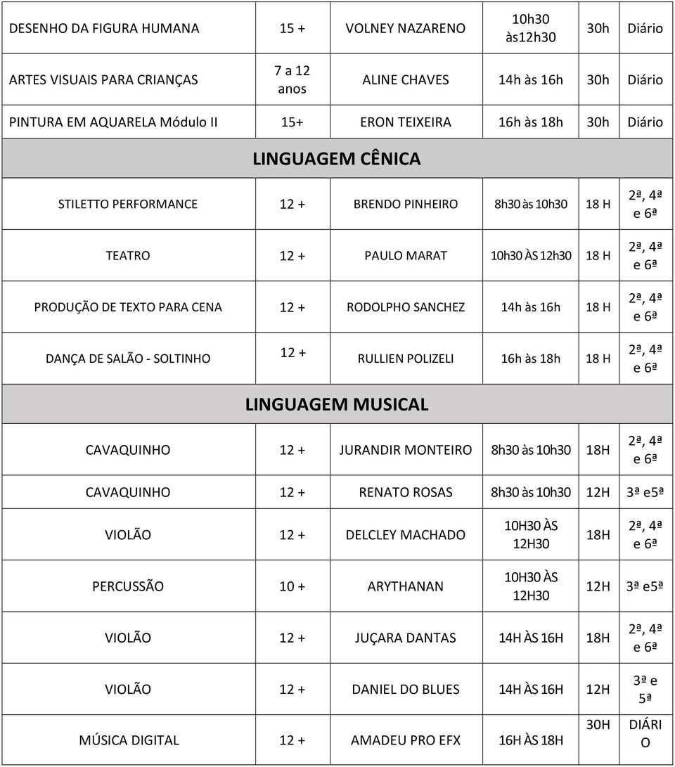 às 18h 18 H LINGUAGEM MUSICAL CAVAQUINHO 12 + JURANDIR MONTEIRO 8h30 às 18H CAVAQUINHO 12 + RENATO ROSAS 8h30 às 12H 3ª e5ª VIOLÃO 12 + DELCLEY MACHADO 10H30 ÀS 12H30 18H PERCUSSÃO 10