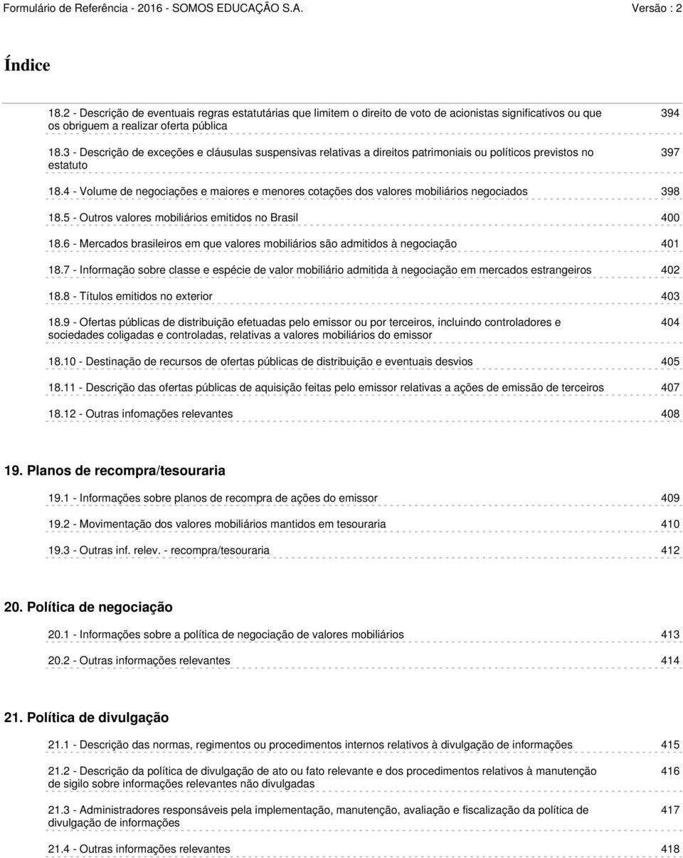 4 - Volume de negociações e maiores e menores cotações dos valores mobiliários negociados 398 18.5 - Outros valores mobiliários emitidos no Brasil 400 18.