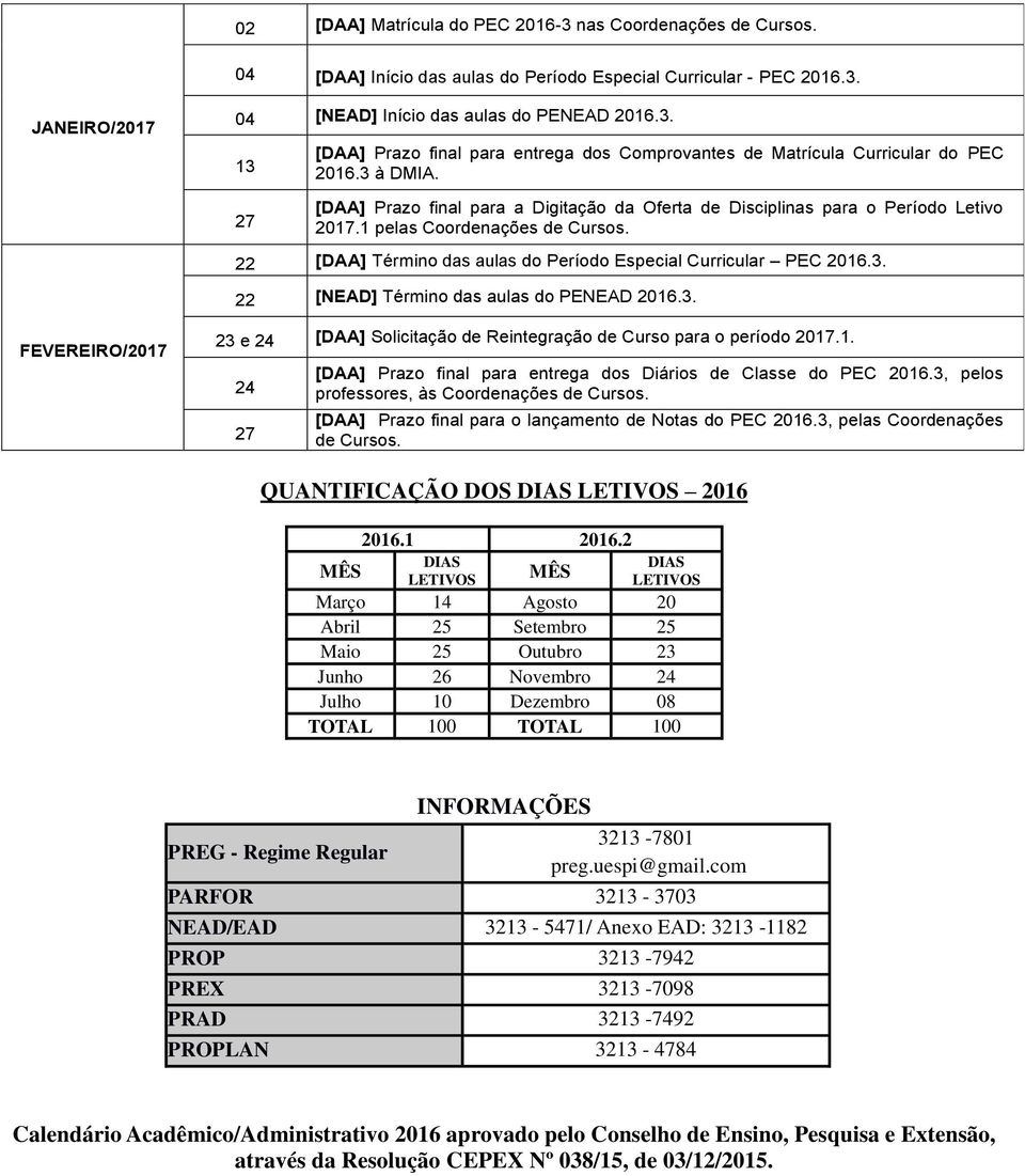 3. FEVEREIRO/2017 23 e 24 [DAA] Solicitação de Reintegração de Curso para o período 2017.1. 24 [DAA] Prazo final para entrega dos Diários de Classe do PEC 20.