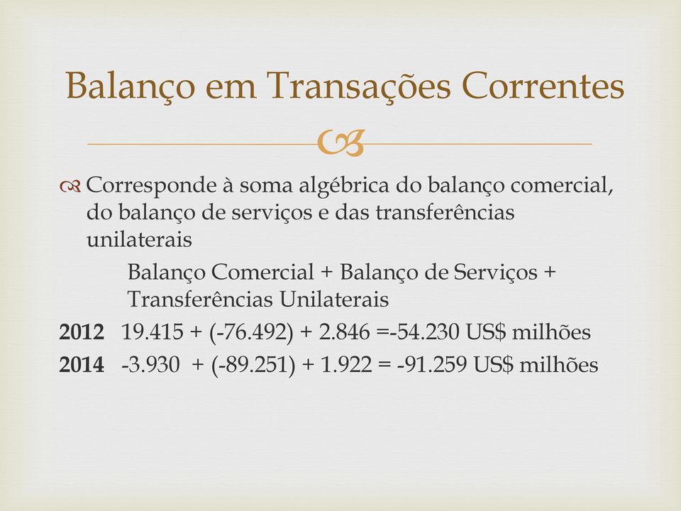 Comercial + Balanço de Serviços + Transferências Unilaterais 2012 19.