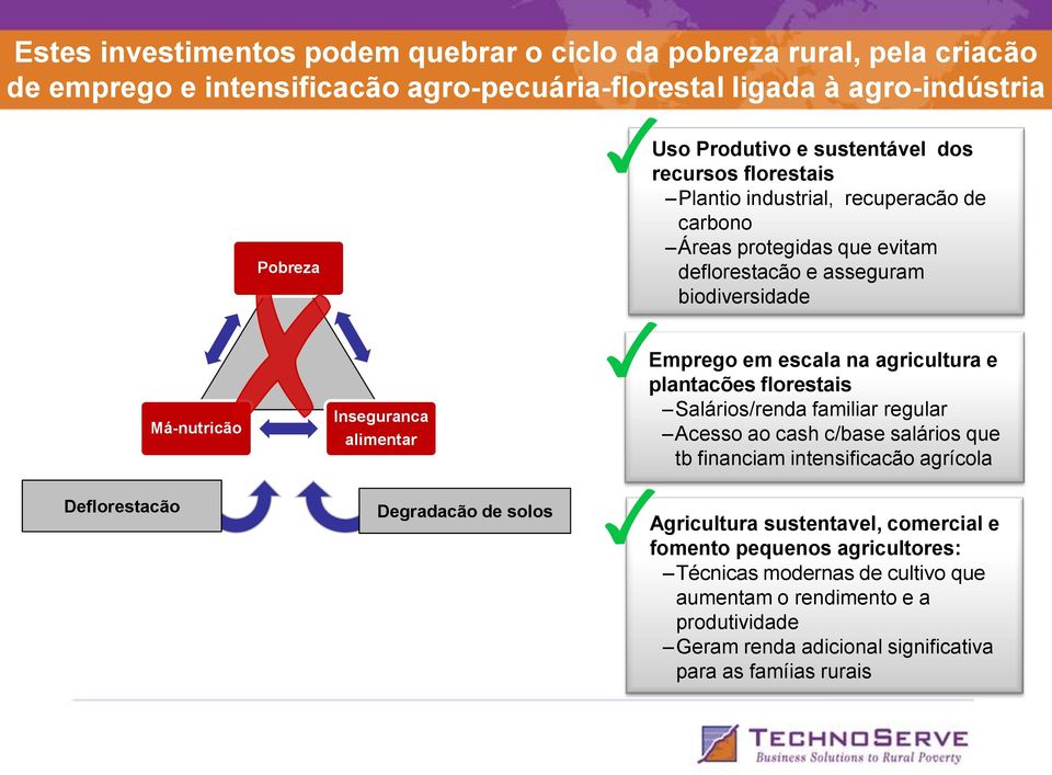 Degradacão de solos Emprego em escala na agricultura e plantacões florestais Salários/renda familiar regular Acesso ao cash c/base salários que tb financiam intensificacão agrícola