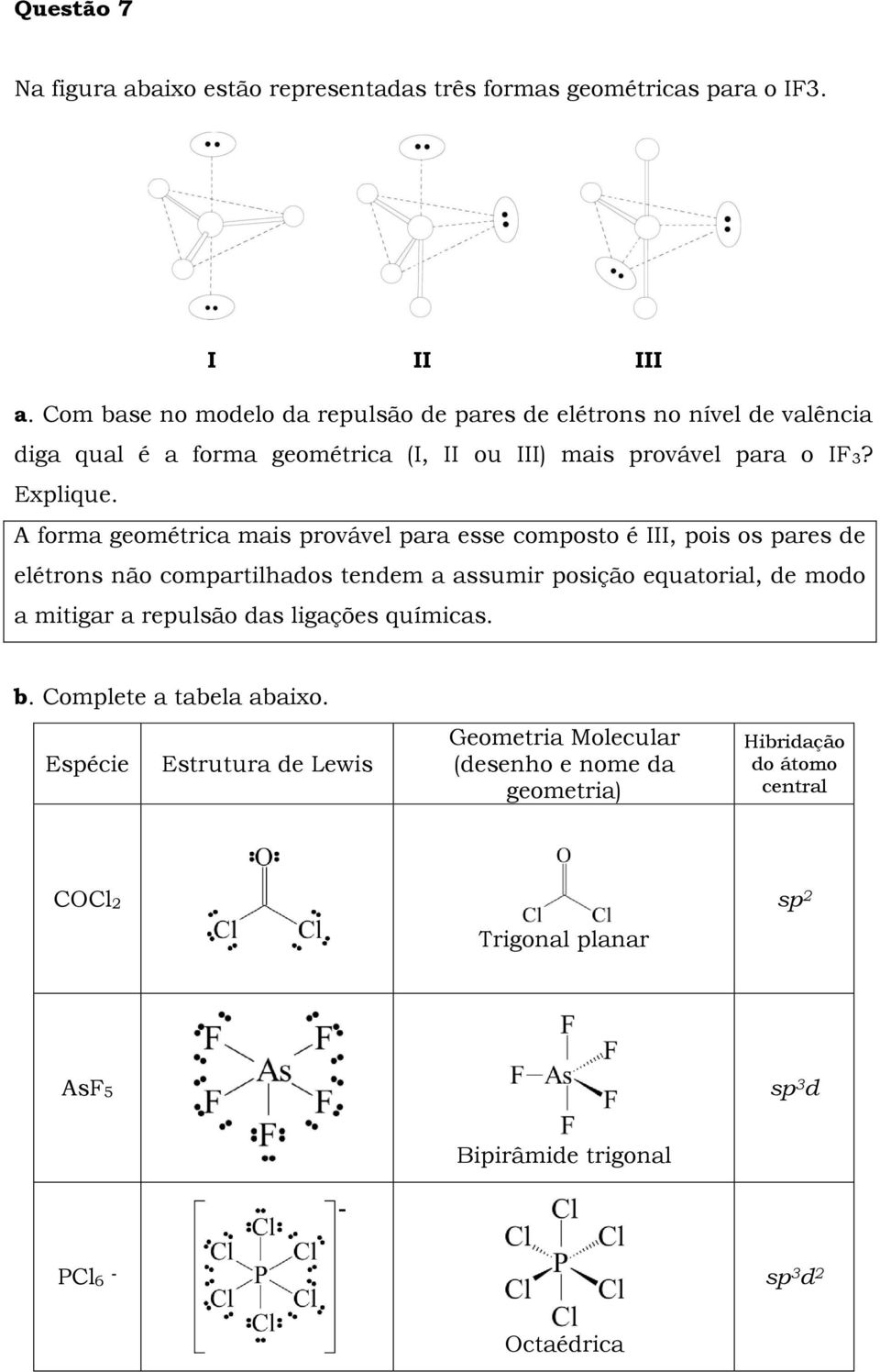 A forma geométrica mais provável para esse composto é III, pois os pares de elétrons não compartilhados tendem a assumir posição equatorial, de modo a mitigar a