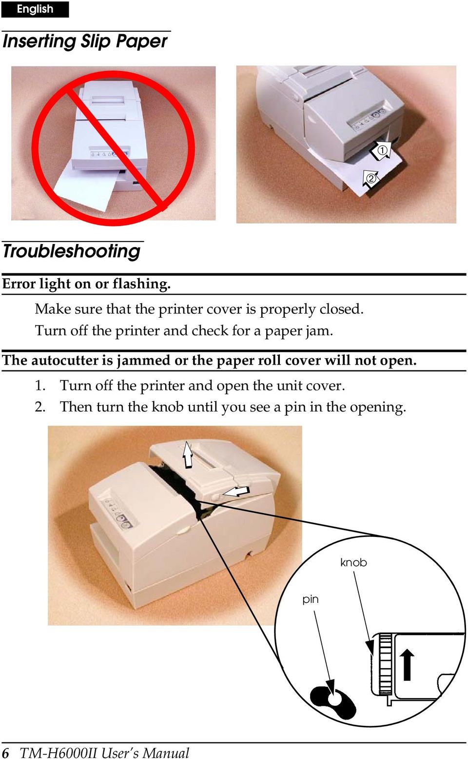 Turn off the printer and check for a paper jam.