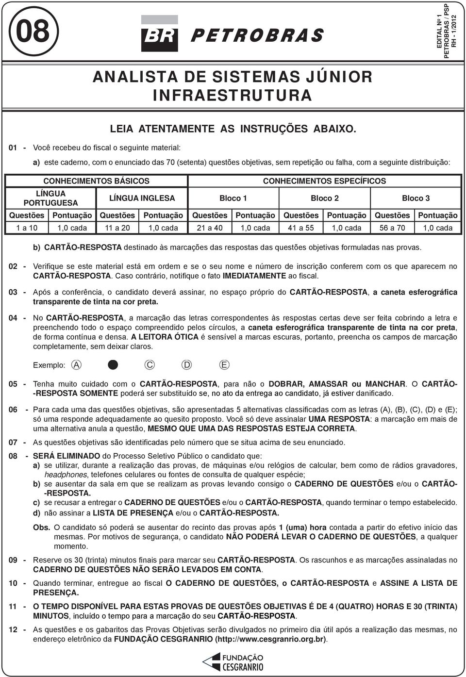 INGLESA Bloco 1 Bloco 2 Bloco 3 Questões Pontuação Questões Pontuação Questões Pontuação Questões Pontuação Questões Pontuação 1 a 10 1,0 cada 11 a 20 1,0 cada 21 a 40 1,0 cada 41 a 55 1,0 cada 56 a