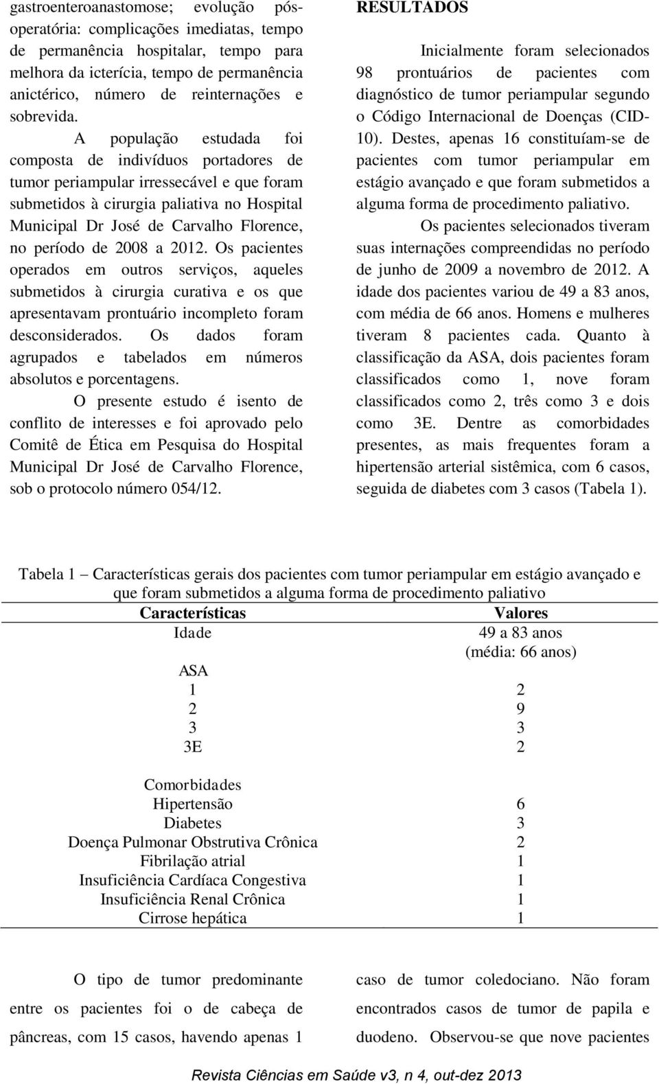 A população estudada foi composta de indivíduos portadores de tumor periampular irressecável e que foram submetidos à cirurgia paliativa no Hospital Municipal Dr José de Carvalho Florence, no período