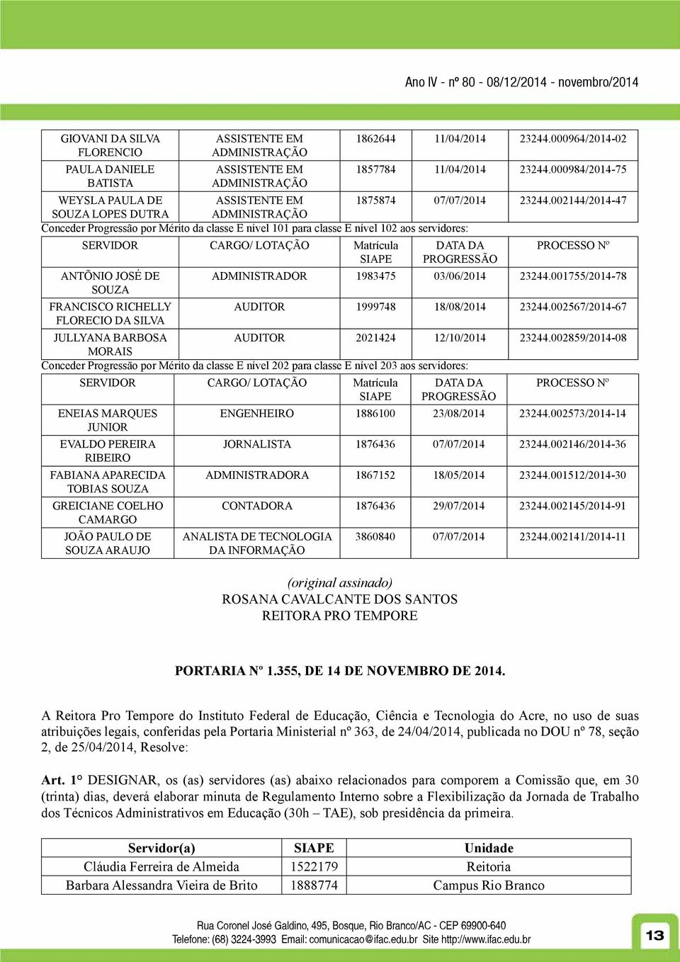 002144/2014-47 SOUZA LOPES DUTRA ADMINISTRAÇÃO Conceder Progressão por Mérito da classe E nível 101 para classe E nível 102 aos servidores: SERVIDOR CARGO/ LOTAÇÃO Matrícula SIAPE ANTÕNIO JOSÉ DE