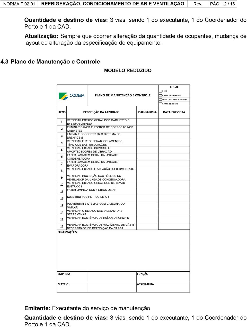 3 Plano de Manutenção e Controle MODELO REDUZIDO LOCAL PLANO DE MANUTENÇÃO E CONTROLE S ED E P OR TO D E S A LVA D OR P ORTO DE ARATU - CANDEIAS P OR TO D E I LH ÉU S ITENS DESCRIÇÃO DA ATIVIDADE