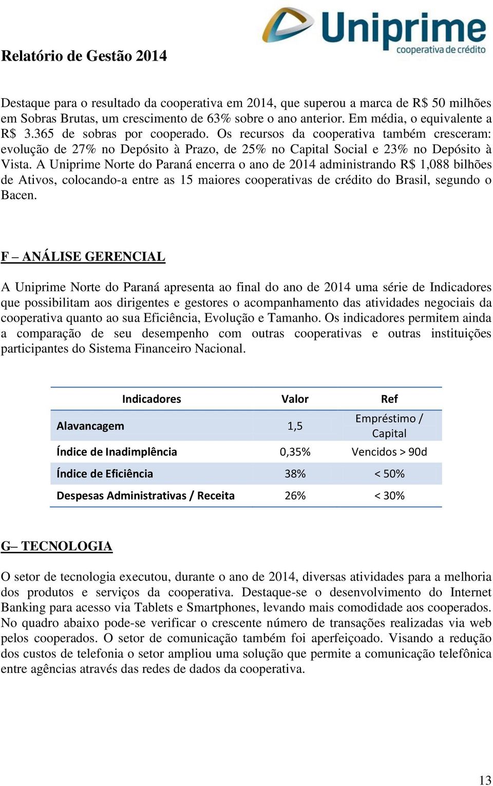 A Uniprime Norte do Paraná encerra o ano de 2014 administrando R$ 1,088 bilhões de Ativos, colocando-a entre as 15 maiores cooperativas de crédito do Brasil, segundo o Bacen.
