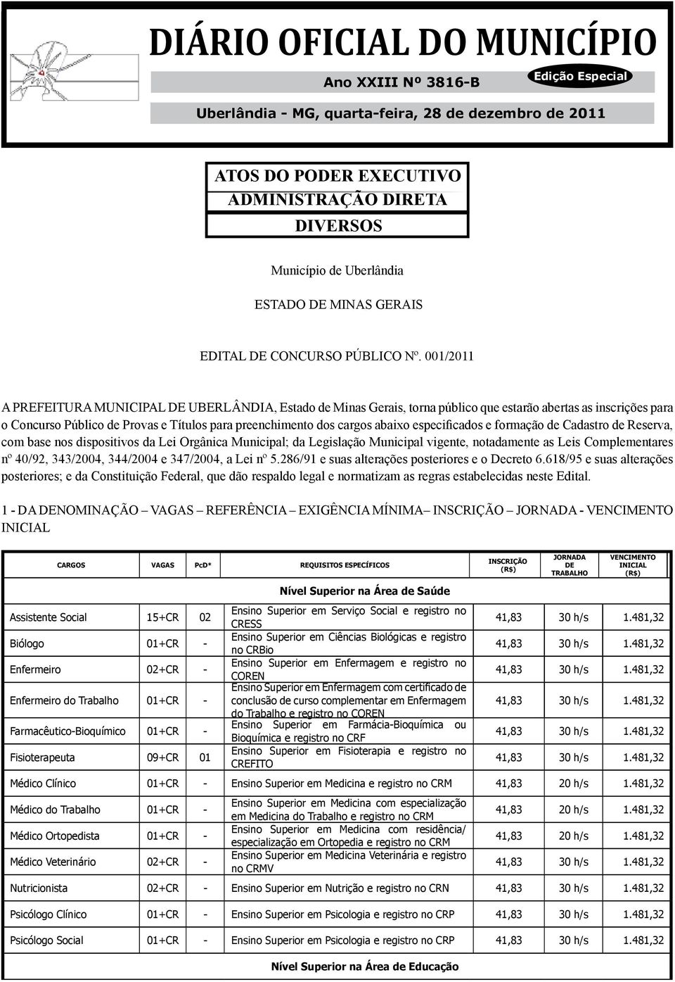 001/2011 A PREFEITURA MUNICIPAL DE UBERLÂNDIA, Estado de Minas Gerais, torna público que estarão abertas as inscrições para o Concurso Público de Provas e Títulos para preenchimento dos cargos abaixo