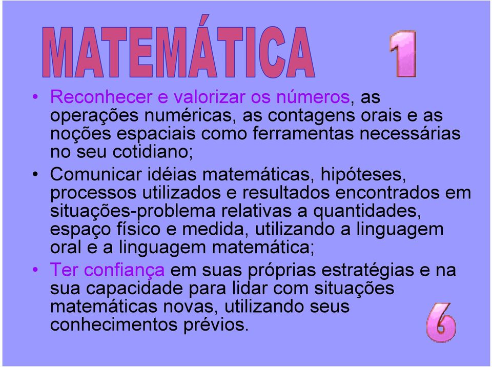 situações-problema relativas a quantidades, espaço físico e medida, utilizando a linguagem oral e a linguagem matemática; Ter