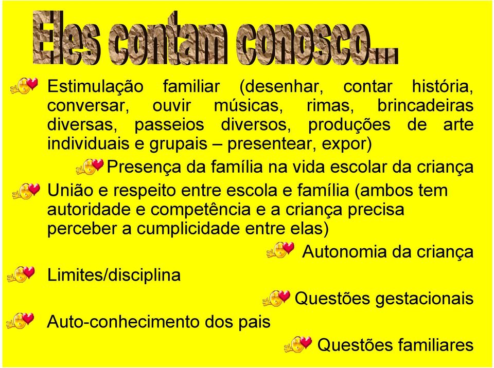 União e respeito entre escola e família (ambos tem autoridade e competência e a criança precisa perceber a