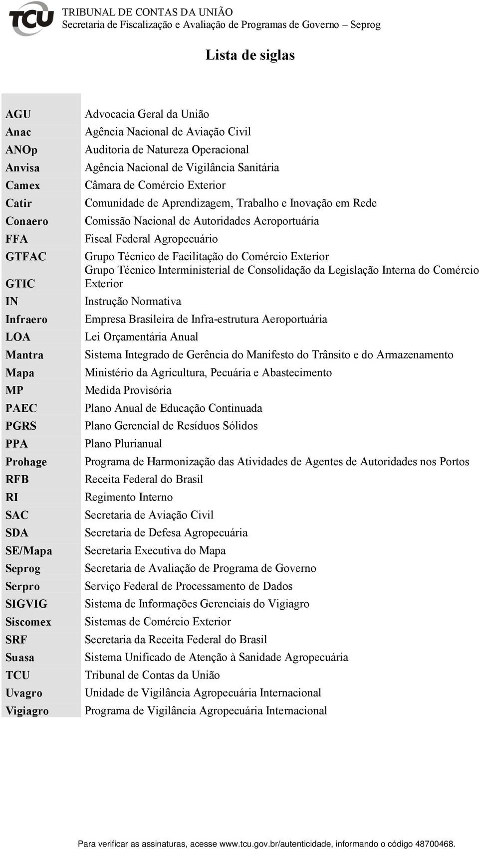 Vigilância Sanitária Câmara de Comércio Exterior Comunidade de Aprendizagem, Trabalho e Inovação em Rede Comissão Nacional de Autoridades Aeroportuária Fiscal Federal Agropecuário Grupo Técnico de