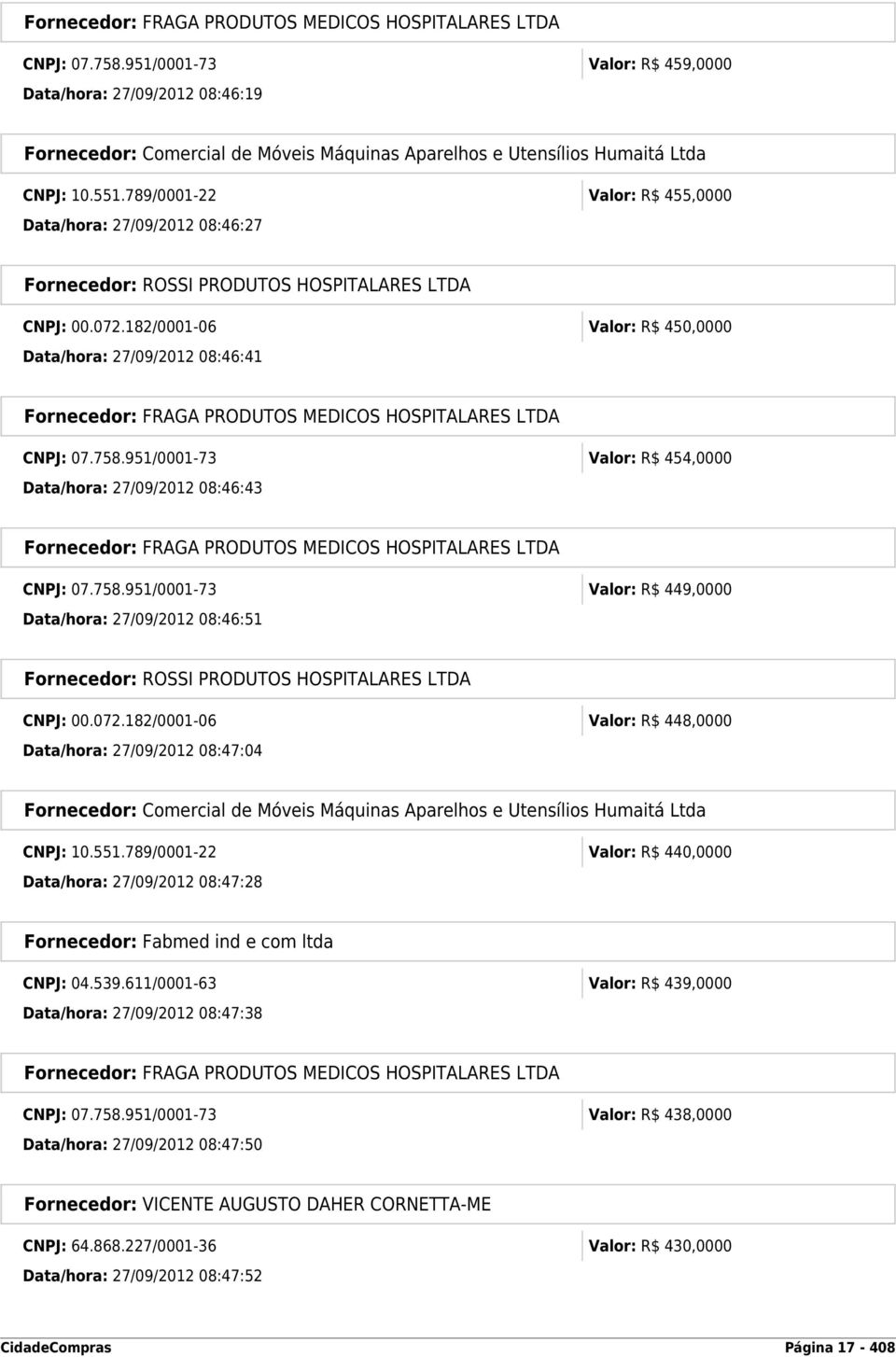 789/0001-22 Valor: R$ 455,0000 Data/hora: 27/09/2012 08:46:27 Fornecedor: ROSSI PRODUTOS HOSPITALARES LTDA CNPJ: 00.072.