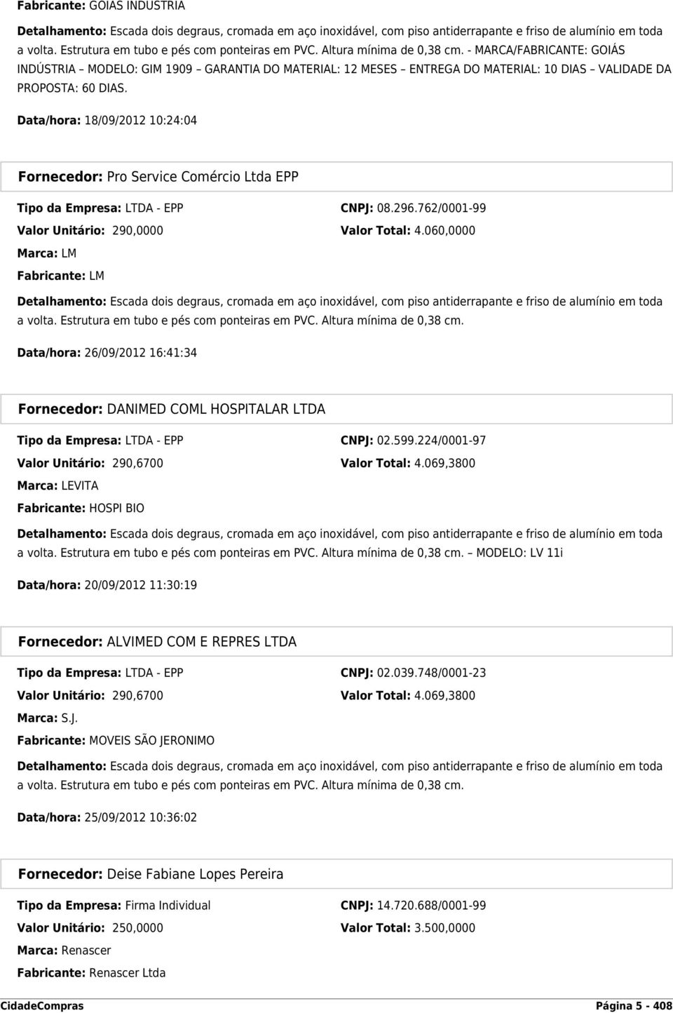 Data/hora: 18/09/2012 10:24:04 Fornecedor: Pro Service Comércio Ltda EPP Tipo da Empresa: LTDA - EPP CNPJ: 08.296.762/0001-99 Valor Unitário: 290,0000 Valor Total: 4.