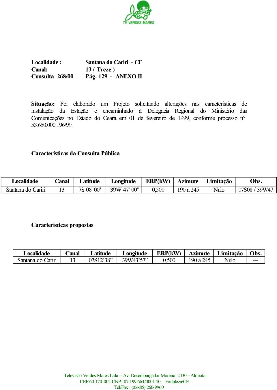 Ceará em 01 de fevereiro de 1999, conforme processo n 53.650.000.196/99. Características da Consulta Pública Localidade Canal Latitude Longitude ERP(kW) Azimute Limitação Obs.