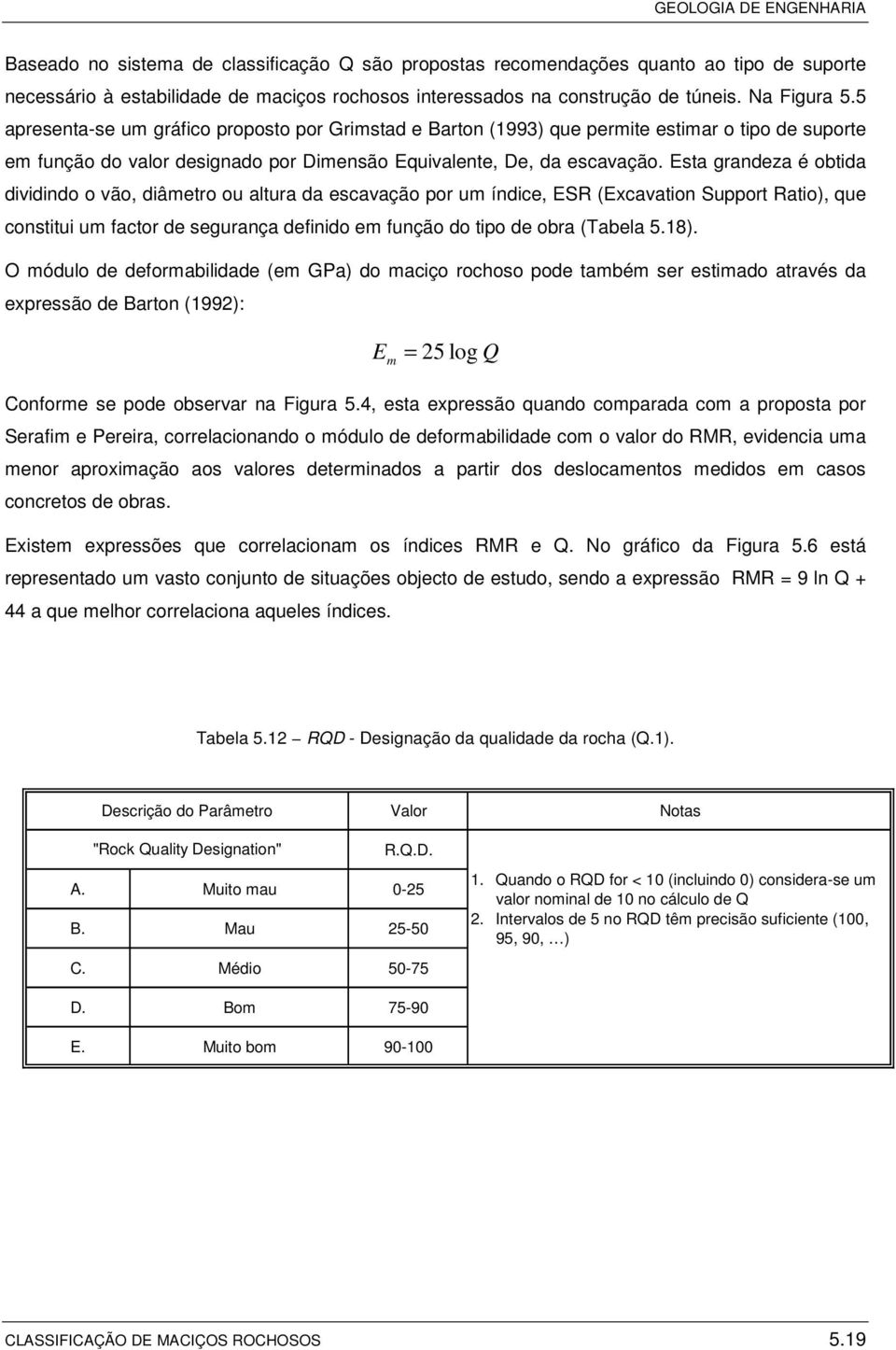 Esta grandeza é obtida dividindo o vão, diâmetro ou altura da escavação por um índice, ESR (Excavation Support Ratio), que constitui um factor de segurança definido em função do tipo de obra (Tabela