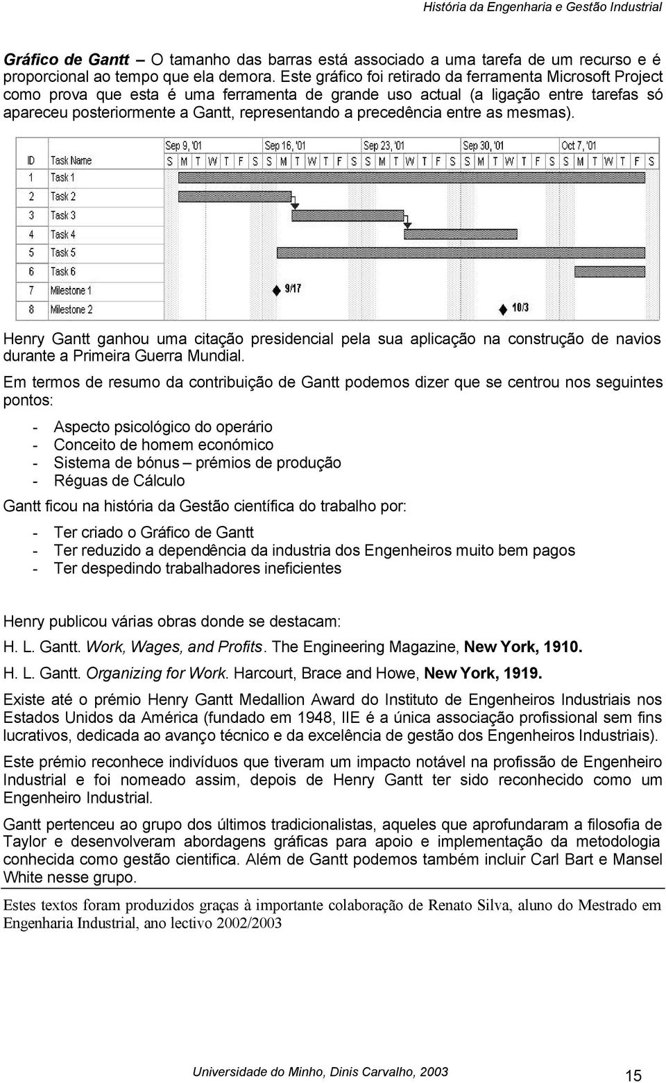 precedência entre as mesmas). Henry Gantt ganhou uma citação presidencial pela sua aplicação na construção de navios durante a Primeira Guerra Mundial.