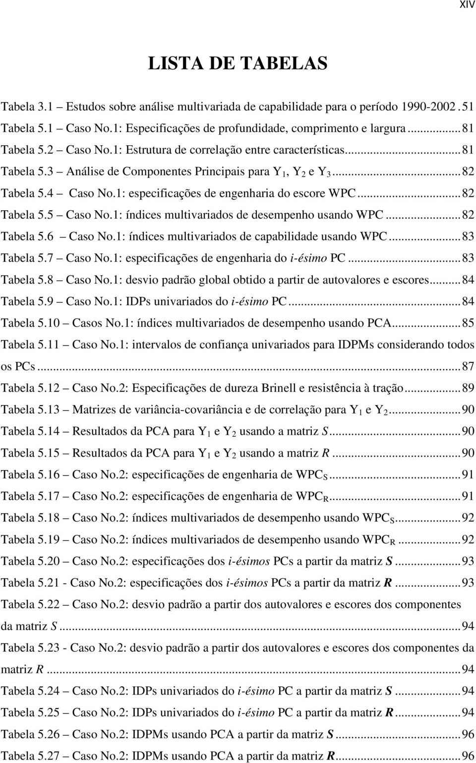 1: especificações de engenharia do escore WPC... 82 Tabela 5.5 Caso No.1: índices multivariados de desempenho usando WPC... 82 Tabela 5.6 Caso No.1: índices multivariados de capabilidade usando WPC.