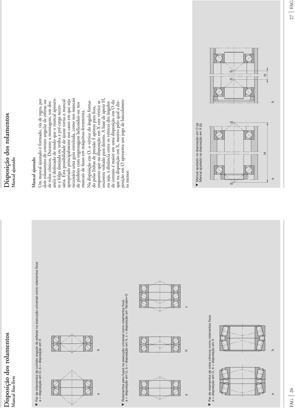 O, b = disposição em X a b FAG 26 Disposição dos rolamentos Mancal ajustado Mancal ajustado Um mancal ajustado é formado, via de regra, por dois rolamentos de contato angular de esferas ou de rolos