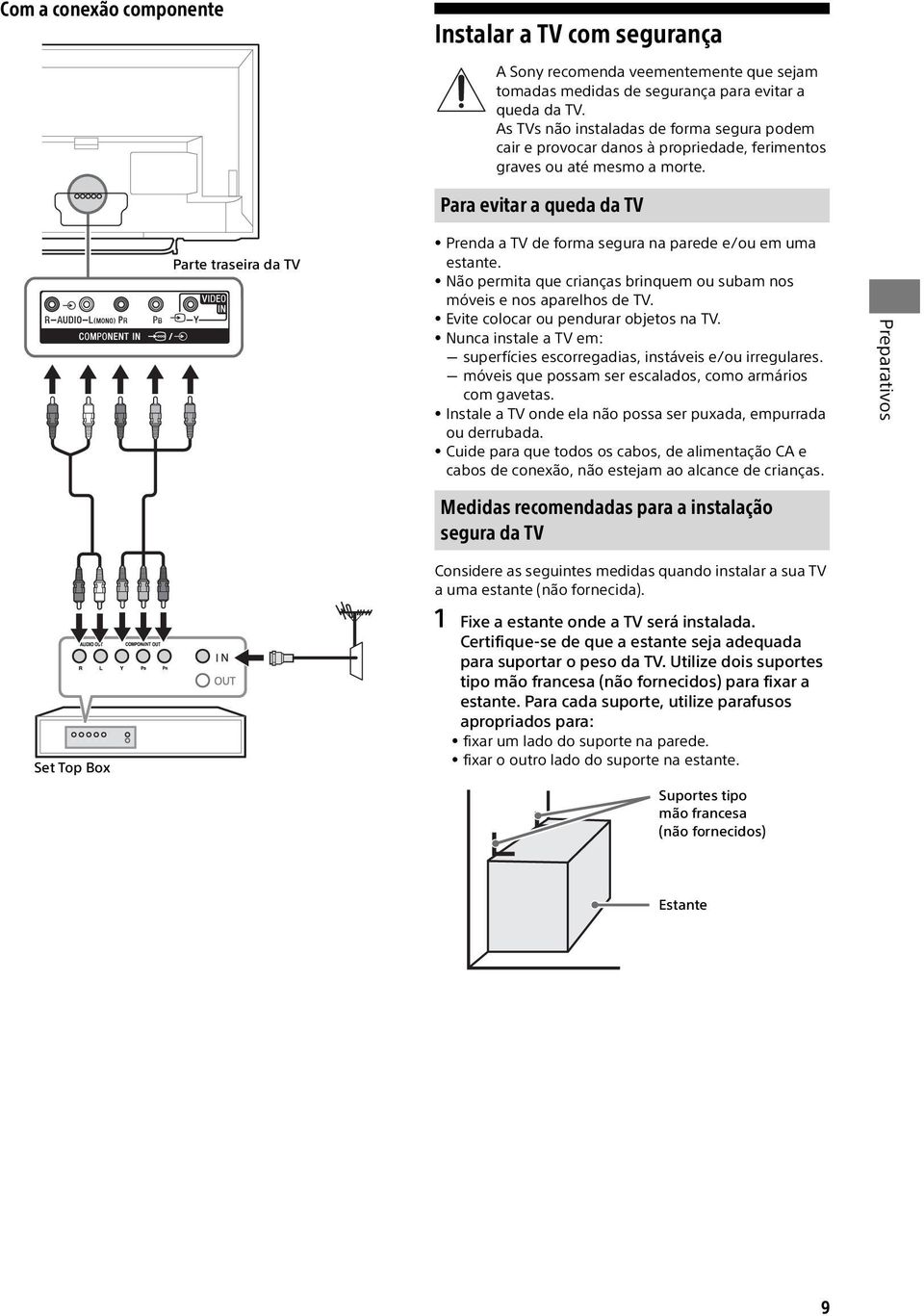 Para evitar a queda da TV Parte traseira da TV Prenda a TV de forma segura na parede e/ou em uma estante. Não permita que crianças brinquem ou subam nos móveis e nos aparelhos de TV.