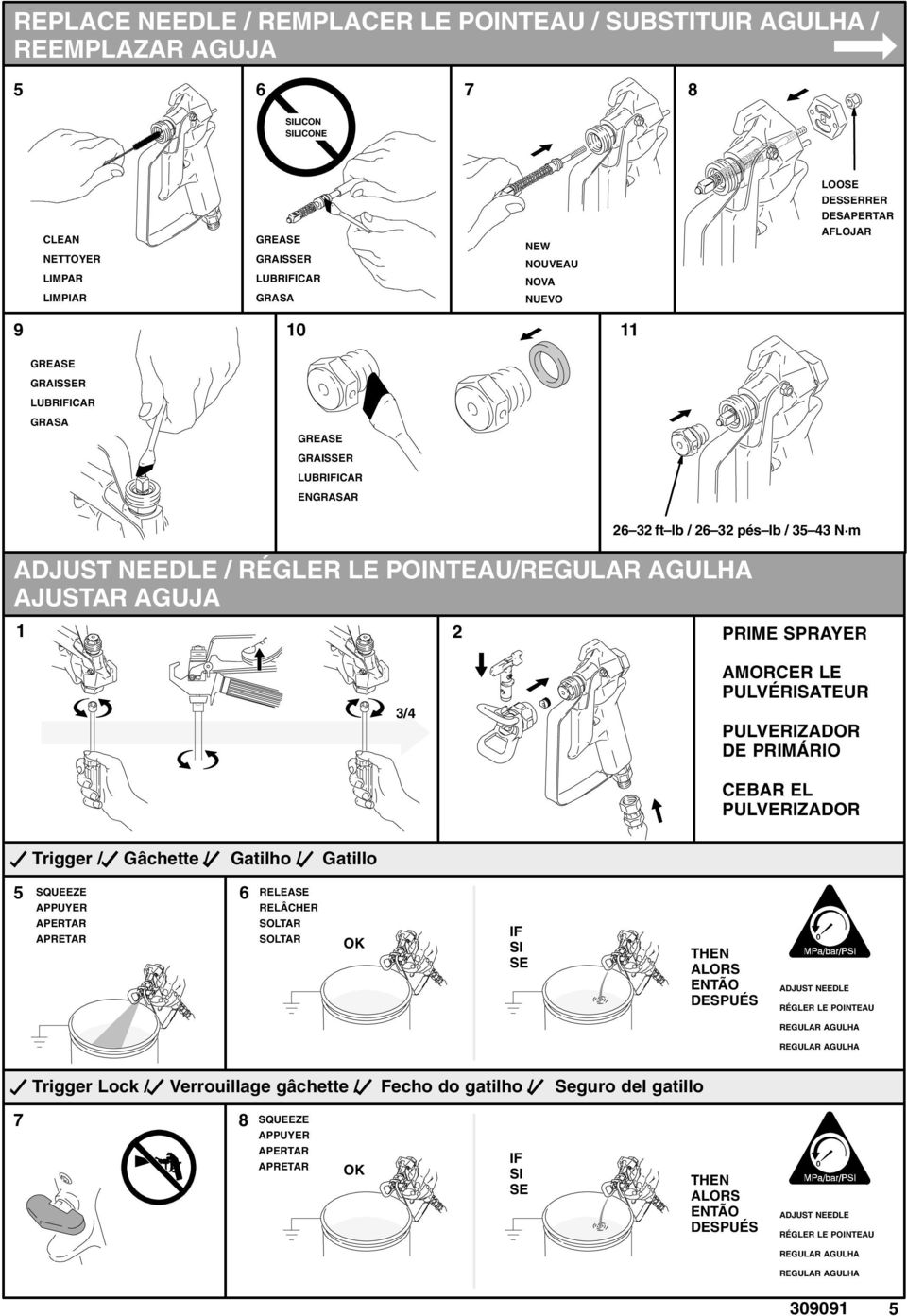 AJUSTAR AGUJA 1 2 PRIME SPRAYER 3/4 AMORCER LE PULVÉRISATEUR PULVERIZADOR DE PRIMÁRIO CEBAR EL PULVERIZADOR Trigger / Gâchette / Gatilho / Gatillo 5 6 SQUEEZE APPUYER APERTAR APRETAR RELEASE RELÂCHER