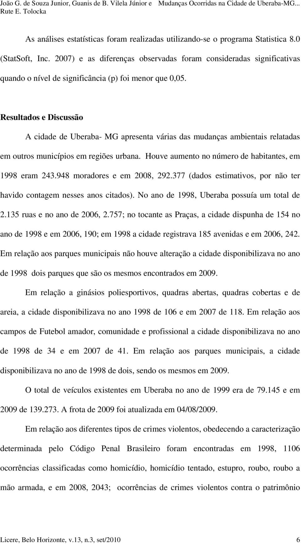 Resultados e Discussão A cidade de Uberaba- MG apresenta várias das mudanças ambientais relatadas em outros municípios em regiões urbana. Houve aumento no número de habitantes, em 1998 eram 243.