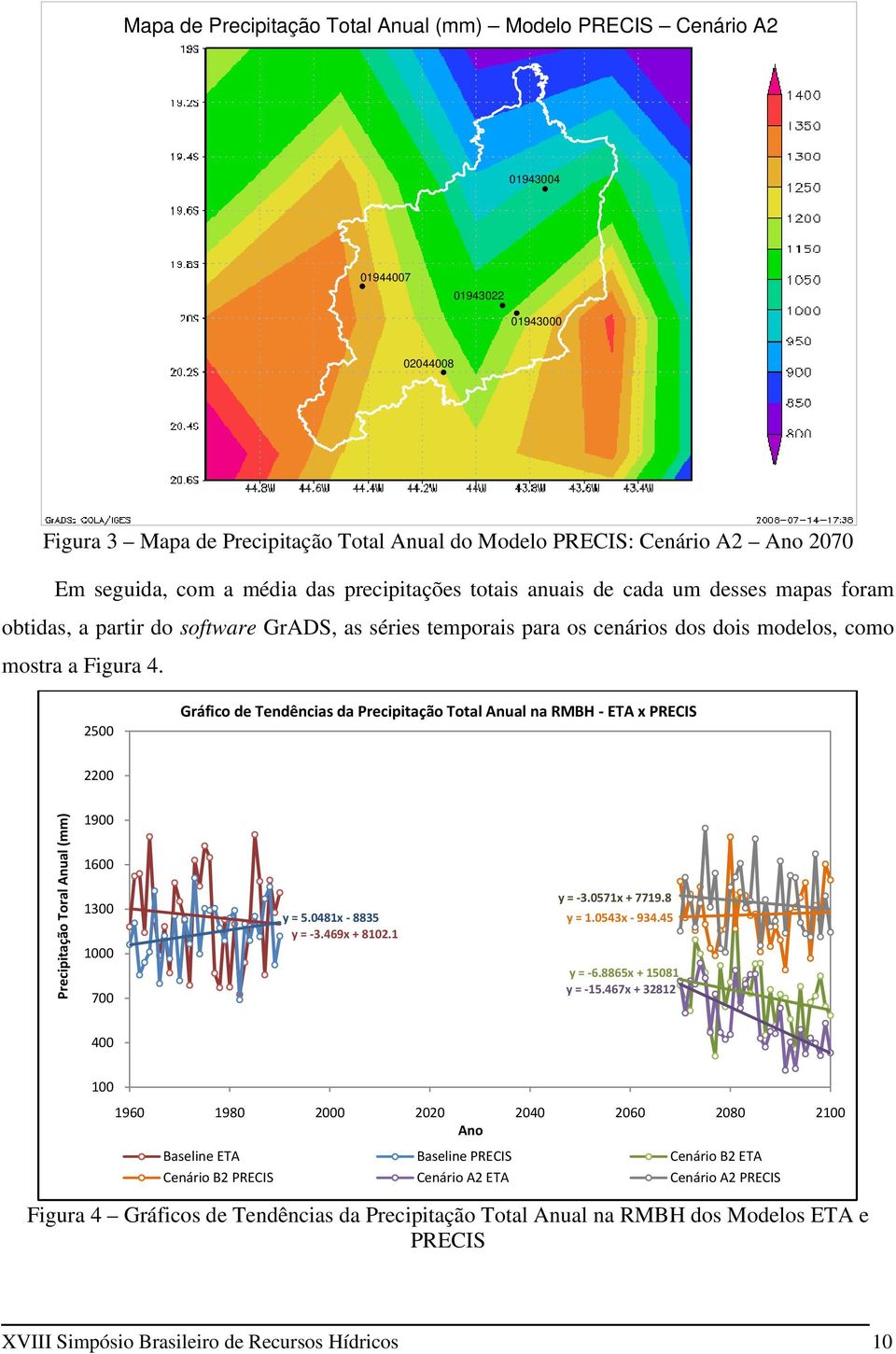 2500 Gráfico de Tendências da Precipitação Total Anual na RMBH - ETA x PRECIS 2200 Precipitação Toral Anual (mm) 1900 1600 1300 1000 700 y = 5.0481x - 8835 y = -3.469x + 8102.1 y = -3.0571x + 7719.