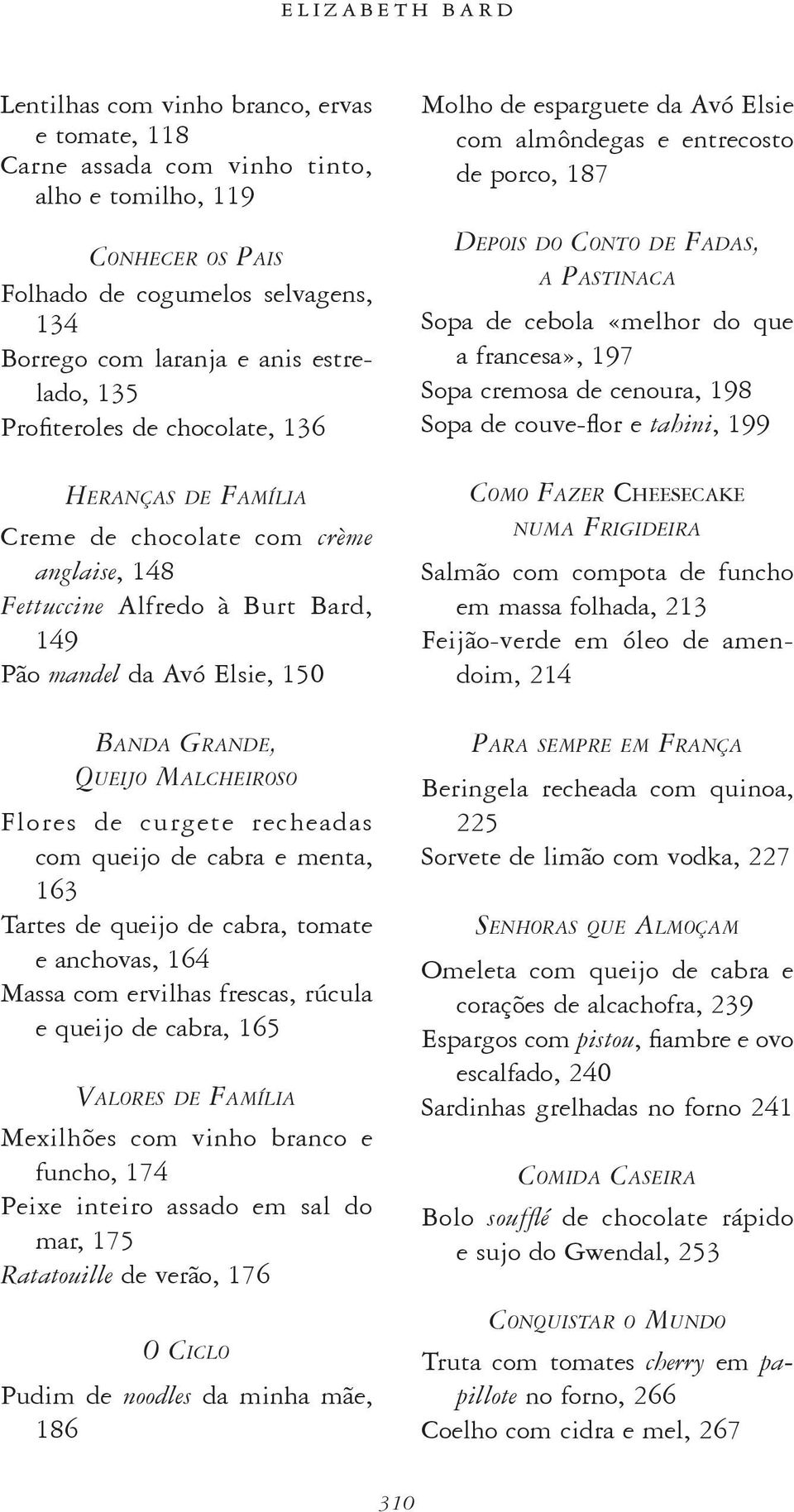 francesa», 197 Sopa cremosa de cenoura, 198 Sopa de couve -flor e tahini, 199 Heranças de Família Creme de chocolate com crème anglaise, 148 Fettuccine Alfredo à Burt Bard, 149 Pão mandel da Avó