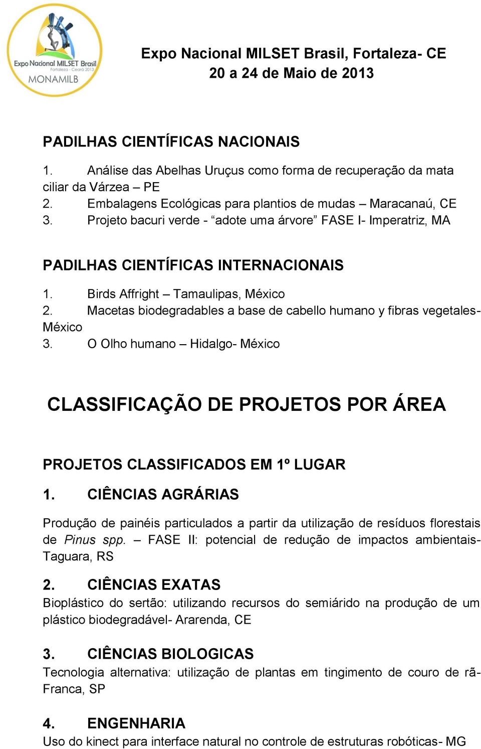 Macetas biodegradables a base de cabello humano y fibras vegetales- México 3. O Olho humano Hidalgo- México CLASSIFICAÇÃO DE PROJETOS POR ÁREA PROJETOS CLASSIFICADOS EM 1º LUGAR 1.