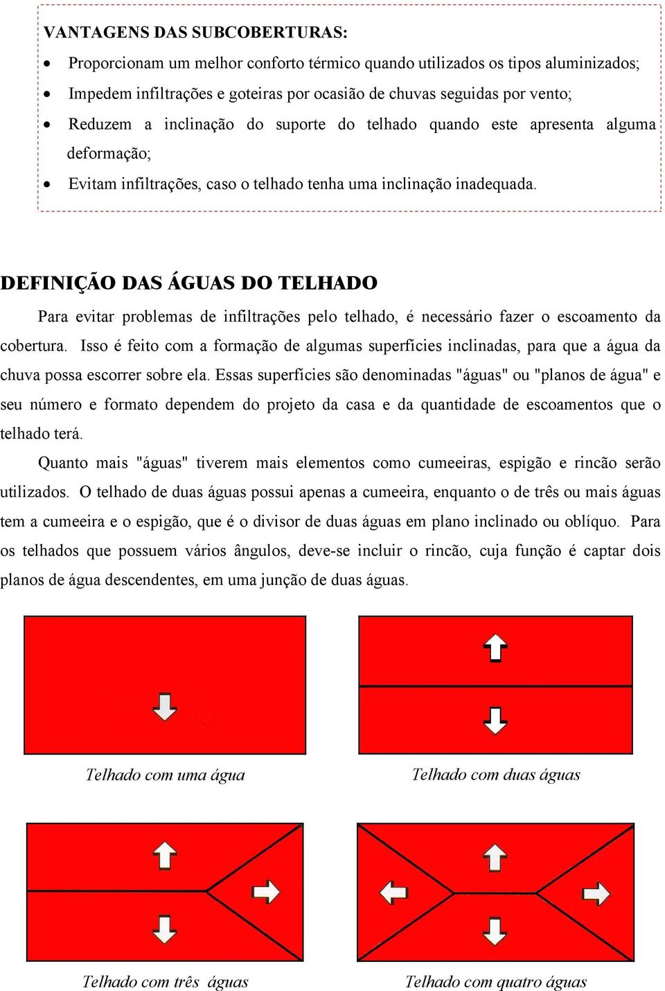 DEFINIÇÃO DAS ÁGUAS DO TELHADO Para evitar problemas de infiltrações pelo telhado, é necessário fazer o escoamento da cobertura.