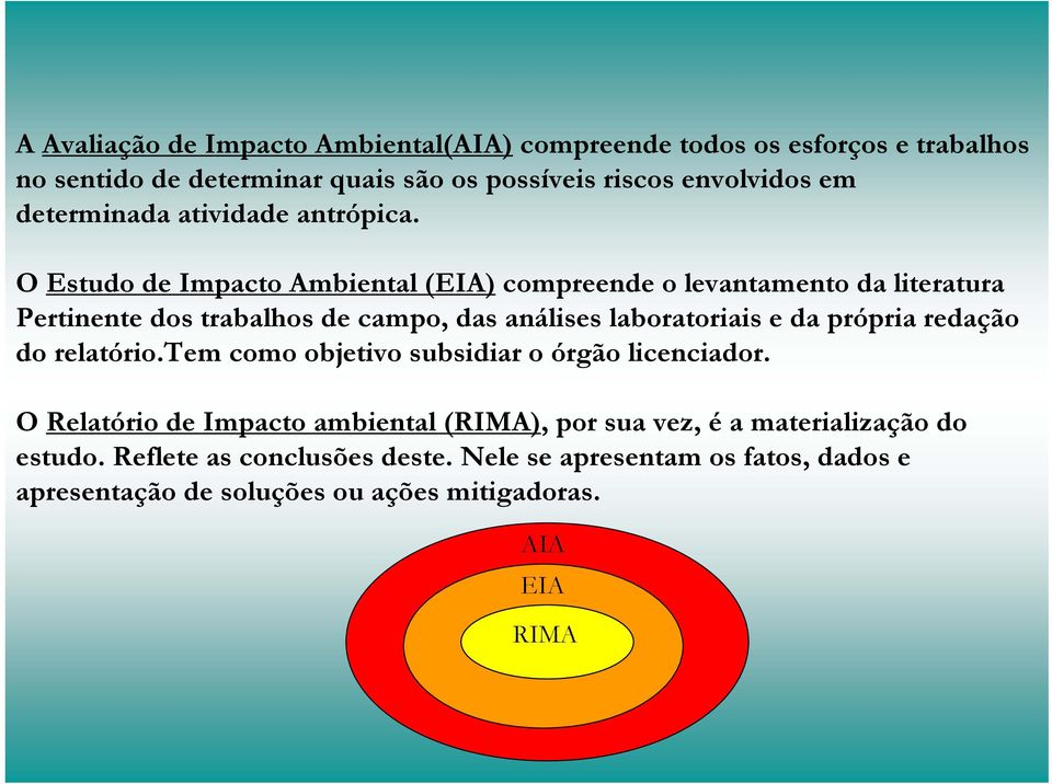 O Estudo de Impacto Ambiental (EIA) compreende o levantamento da literatura Pertinente dos trabalhos de campo, das análises laboratoriais e da própria