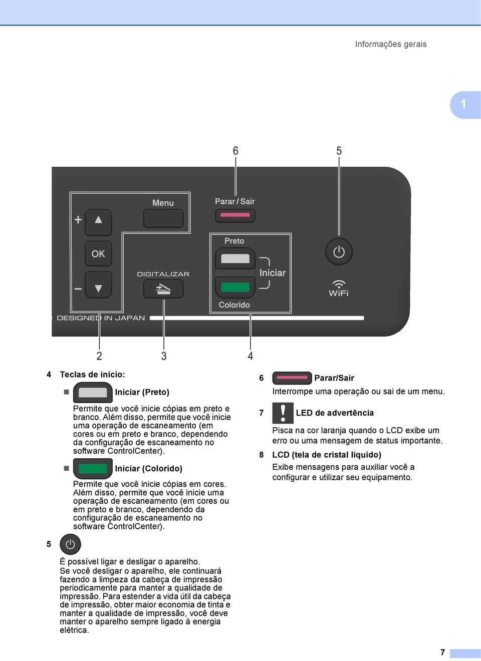 Iniciar (Colorido) Permite que você inicie cópias em cores.  6 Parar/Sair Interrompe uma operação ou sai de um menu.