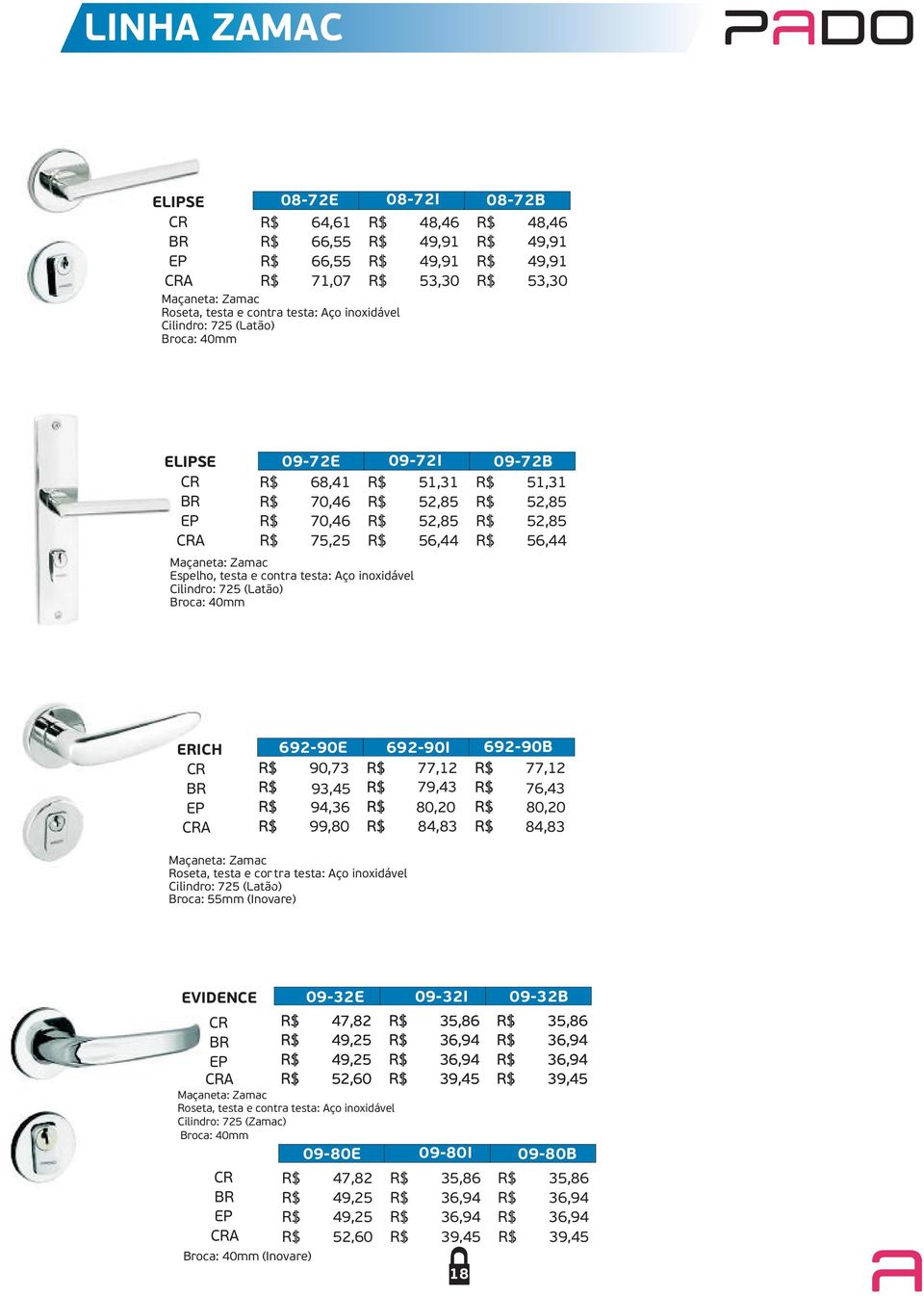 ERICH CR BR EP CRA 692-90E 692-90I 692-90B 90,73 77,12 77,12 93,45 79,43 76,43 94,36 80,20 80,20 99,80 84,83 84,83 Roseta, testa e contra testa: Aço inoxidável Cilindro: 725 (Latão) EVIDENCE CR 47,82